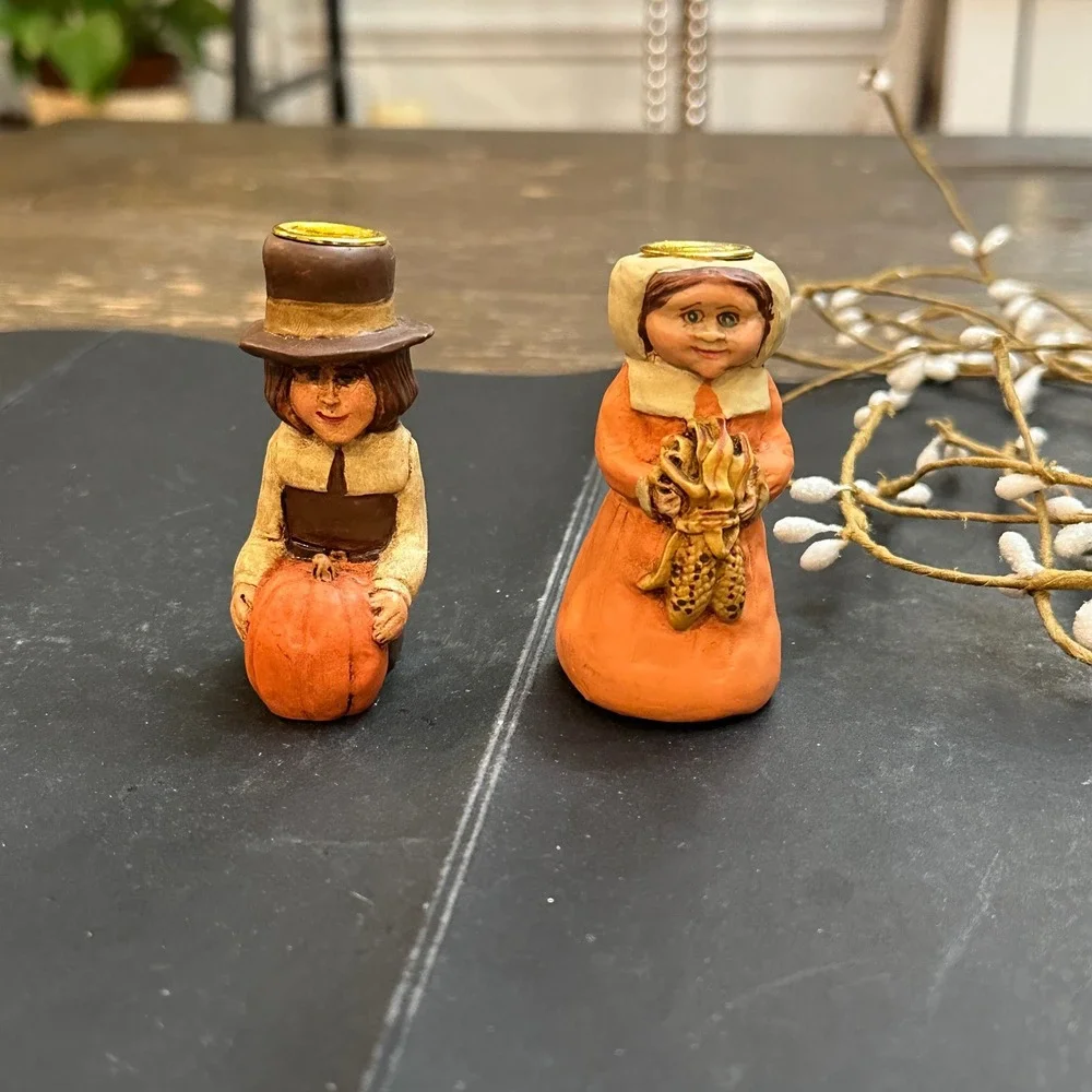 Kurt S. Adler Thanksgiving Pilgrims Candle Holders Resin Vintage Man Woman